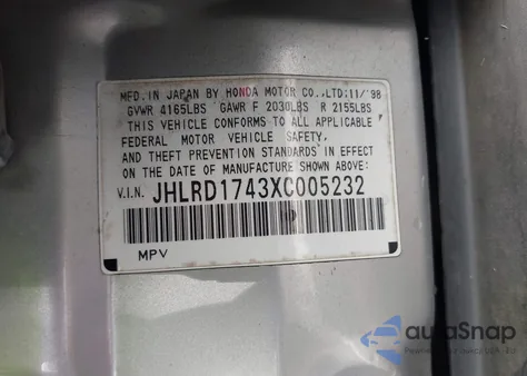 1999 Honda Cr-V Lx из США, поврежденный, VIN JHLRD1743XC005232